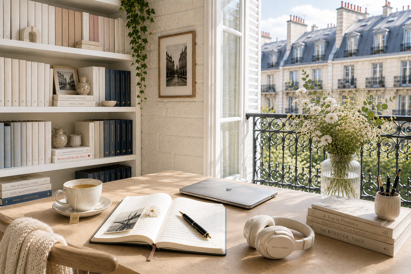 Warm Paris apartment desk with books, flowers, notebook, and balcony view