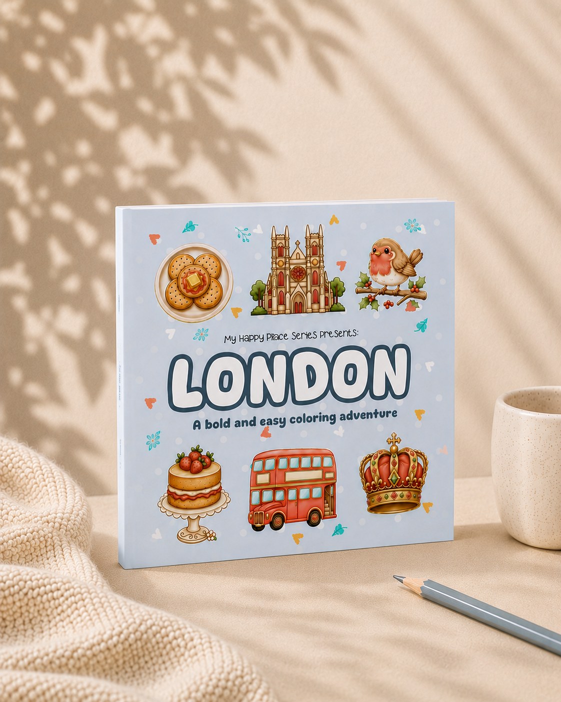 London coloring book mockup on a softly lit desk